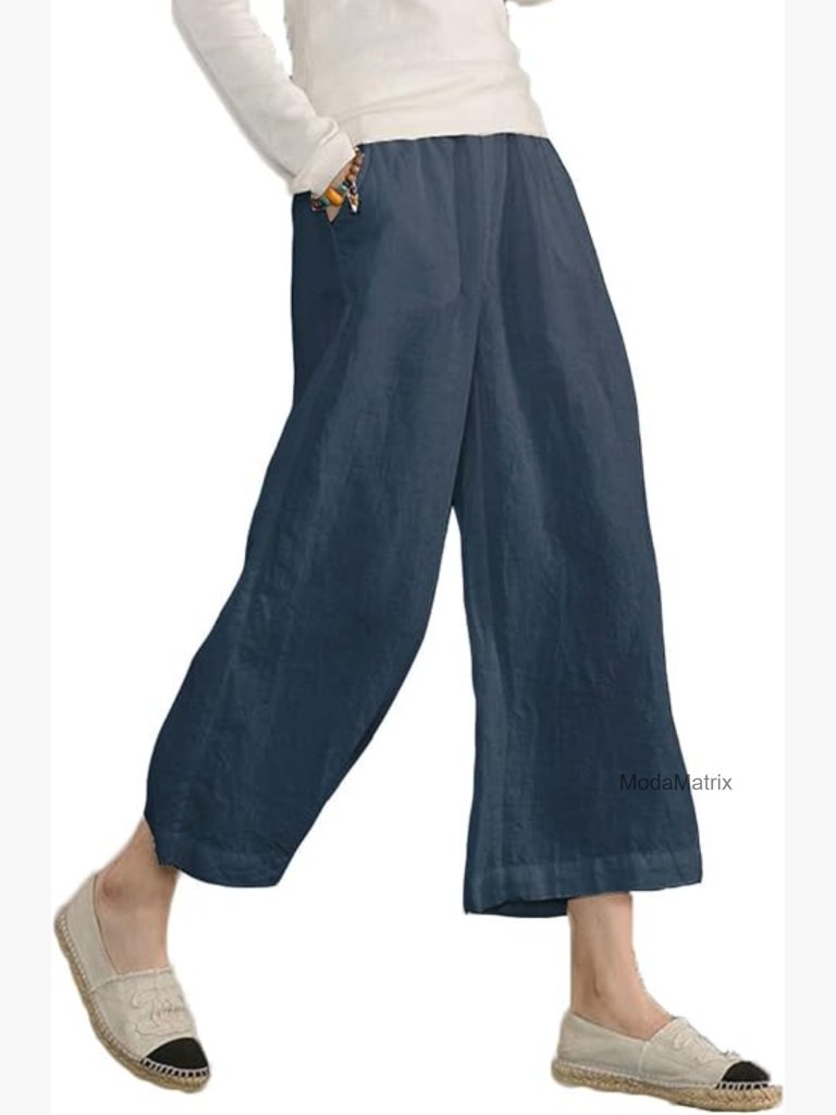 Cotton Wide Leg Cropped Pants Elastic Waist Plus Size Capri Trousers